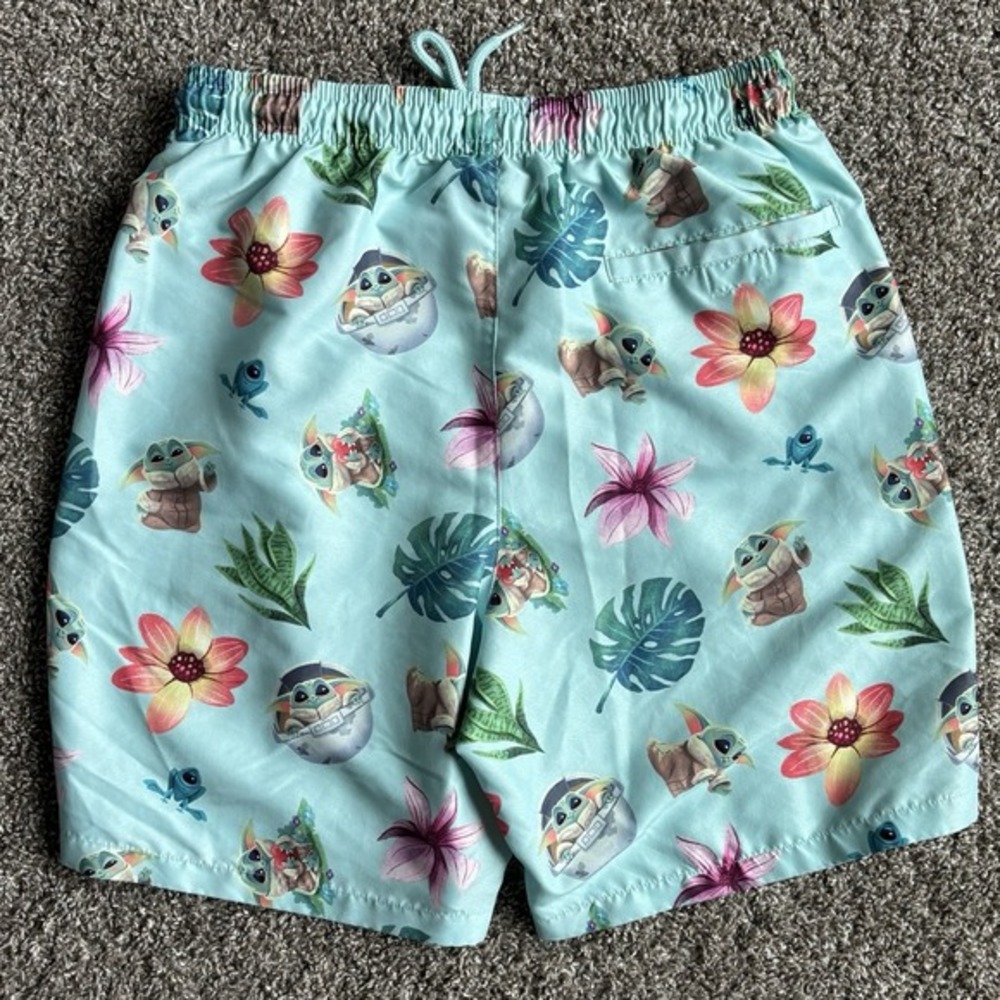 Star Wars Mens Mandalorian Swim Trunks Shorts Size Small Grogu Baby Yoda Blue - Picture 2 of 10